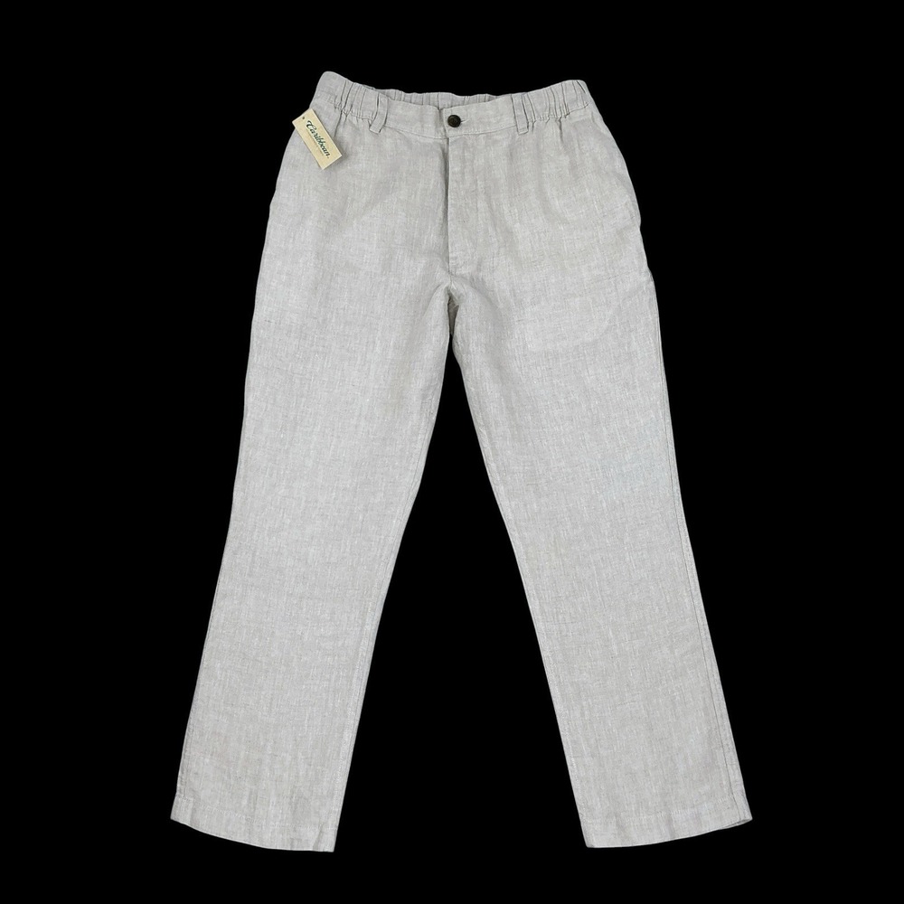 Caribbean Pants Men 34x30 Beige Linen Straight Leg Elastic Waist NWT